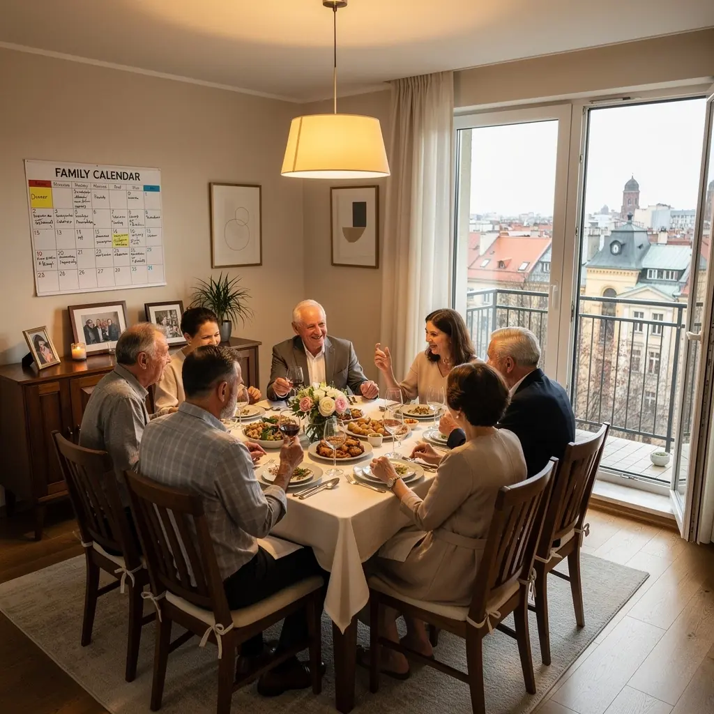 Rodzina spędzająca czas w przytulnym salonie, ciesząca się wspólnymi chwilami.