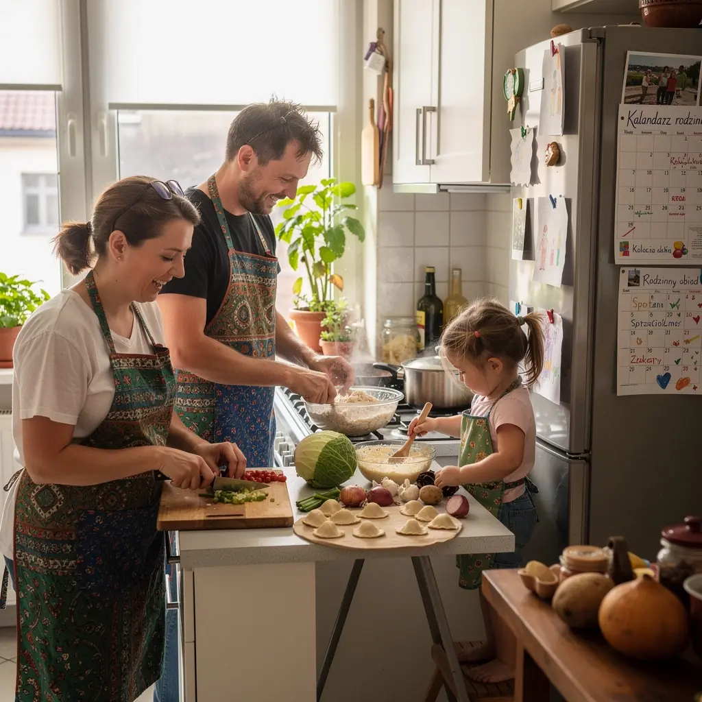 Kalendarz rodzinny z zaznaczonymi ważnymi datami i przypomnieniami na stole.