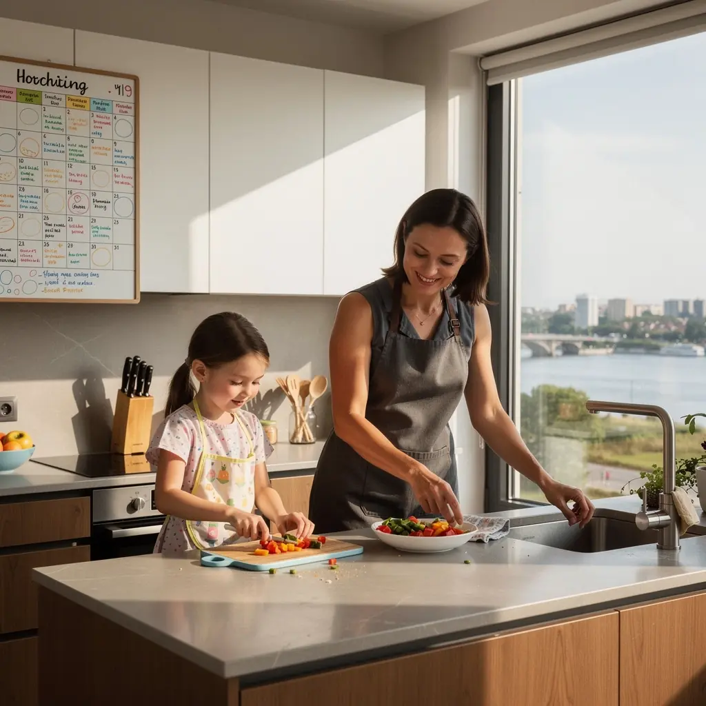 Przytulna kuchnia z rodzinnym posiłkiem i wspólnym gotowaniem.